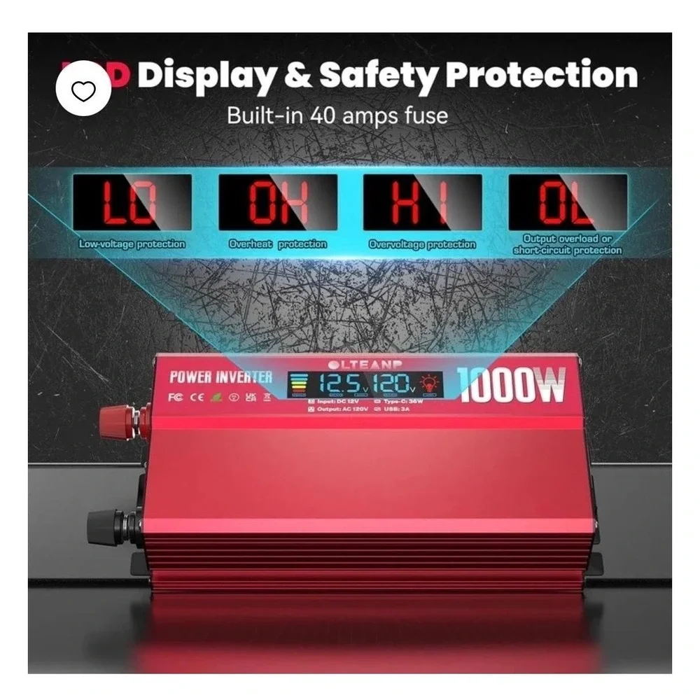 OLTEANP 1000W Power Inverter 12V DC To 120V AC USB-C 36W USB 3A LED Display
